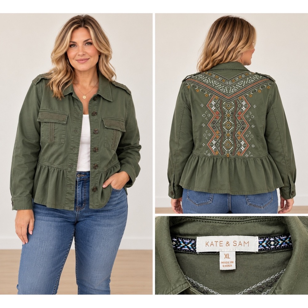 Kate & Sam Utility Jacket XL Olive Green Boho Peplum Embroidered Boho Gorpcore